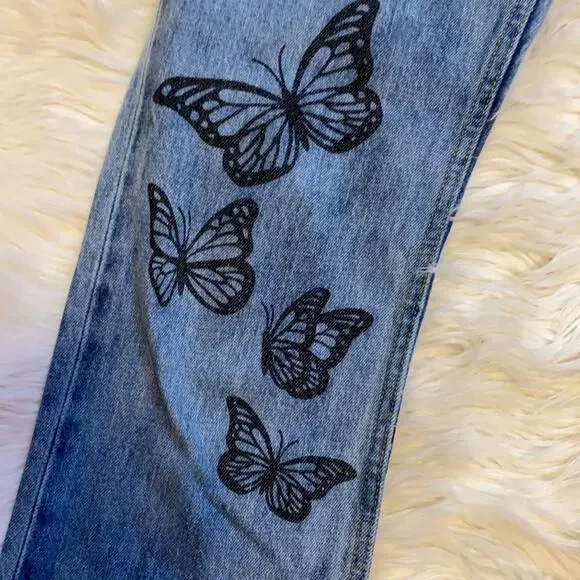 🍒[ X-Girl ] Butterfly Print Acid Wash Straight Leg Jeans - Picture 7 of 15